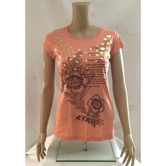 Self Esteem T shirt Junior Peach with Gold Foil Hearts Crew Fitted NOS 2007 - Picture 1 of 6